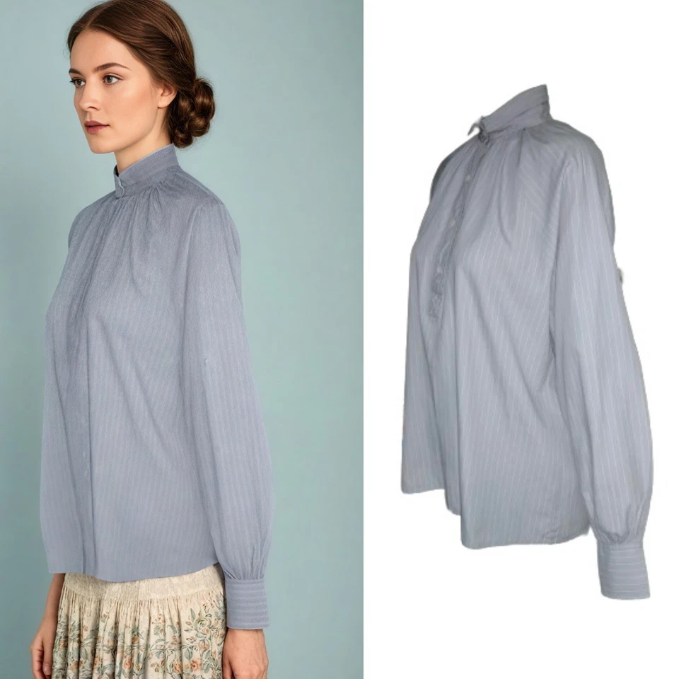 VINTAGE 70s 80s Shirt Blouse Peasant Edwardian Victorian Revival Cotton Grey 14 - Image 3 of 4