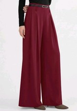 Women  s Red Wide-Leg Pleated Pants, Stretch, Side Pockets, Regular M