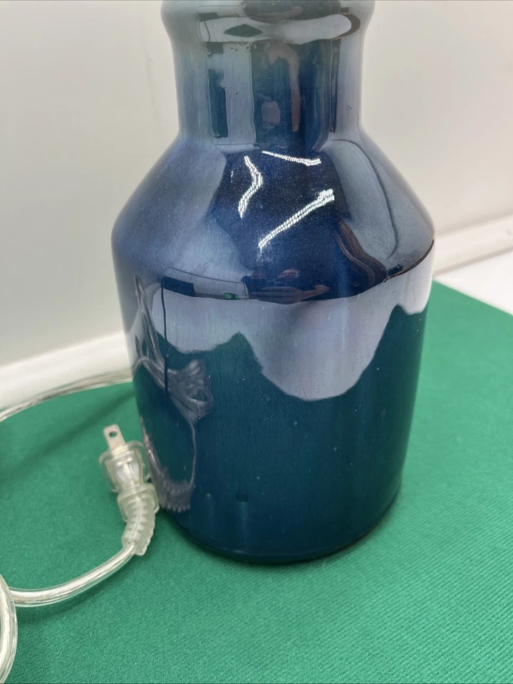 Vintage Blue Glazed Pottery Table Lamp Night Light 11” Tall - Image 4 of 4