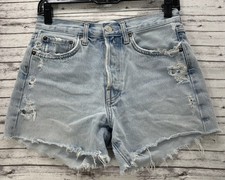 AGOLDE Parker Long Light Denim Shorts Button Fly Organic Cotton Distress Size 24