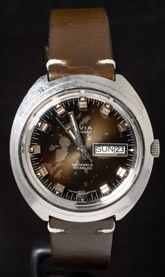 Avia braunes Zifferblatt automatische Vintage Schweizer Herrenuhr -- funktioniert