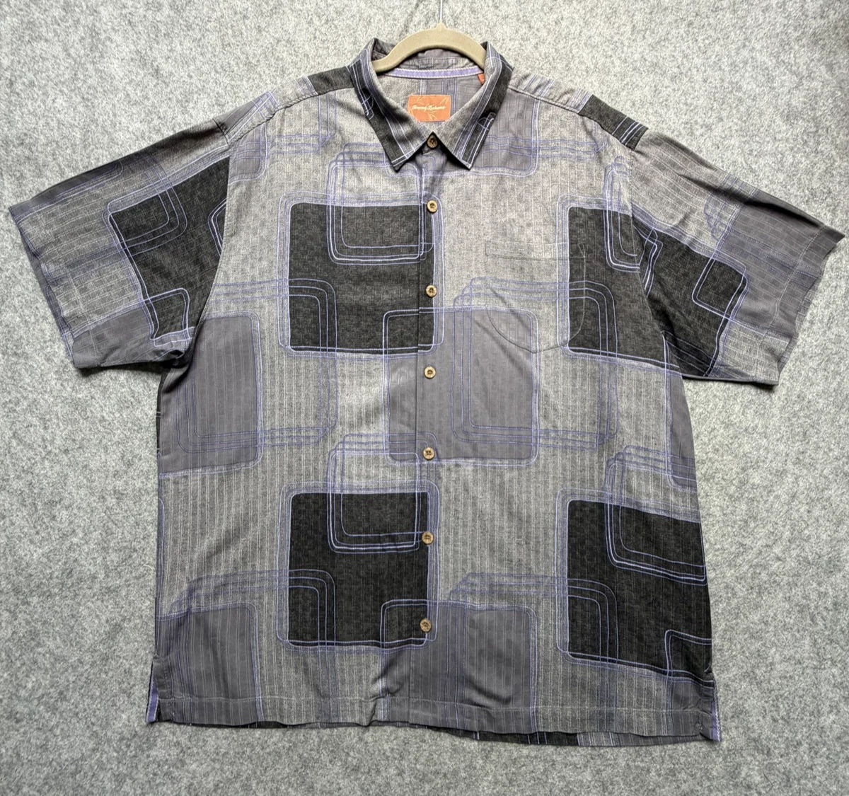 Tommy Bahama Shirt Mens XL Gray 100% Silk Geometric Short Sleeve Button Front