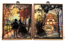 PAIR 1930’s Reverse Painted Silhouette on Convex Glass w/ Victorian Couple