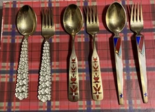 A Michelsen Sterling Silver Gold Wash Enamel Spoon/Fork Set 1956-57-58 Danish