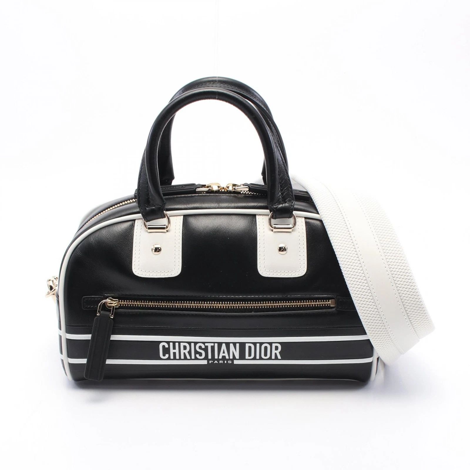 Petit sac bandoulière Christian Dior VIBE Bowling main M6209OOBR cuir BK blanc