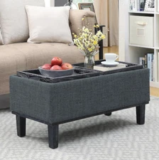 Modern Storage Ottoman Coffee Table Reversible Tray Tops Linen Upholstered Gray
