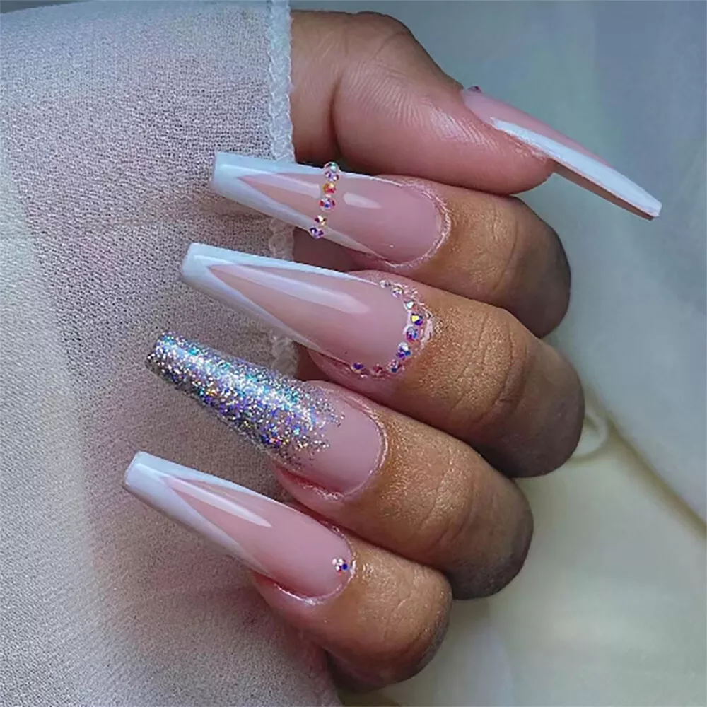 V Sharp French Glitter False Nail Long Coffin Press on Nails for