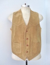 Vtg 70s Real Suede Leather Brown Western Button Vest Pockets Acetate Back M to L