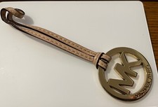 Michael Kors Gold Tone Logo Charm Key Fob Purse Hang Tag Circle Tan Leather 2"