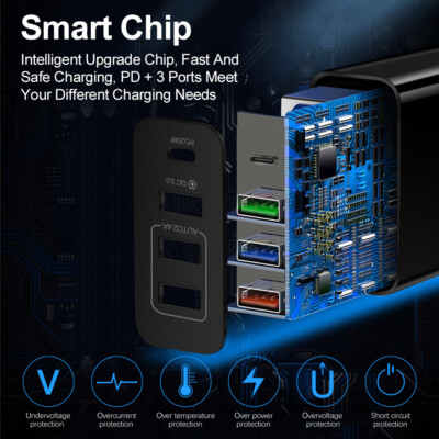 36W GaN USB C Ladegerät 4-Port QC4.0 Netzteil für Samsung Apple iPhone Macbook