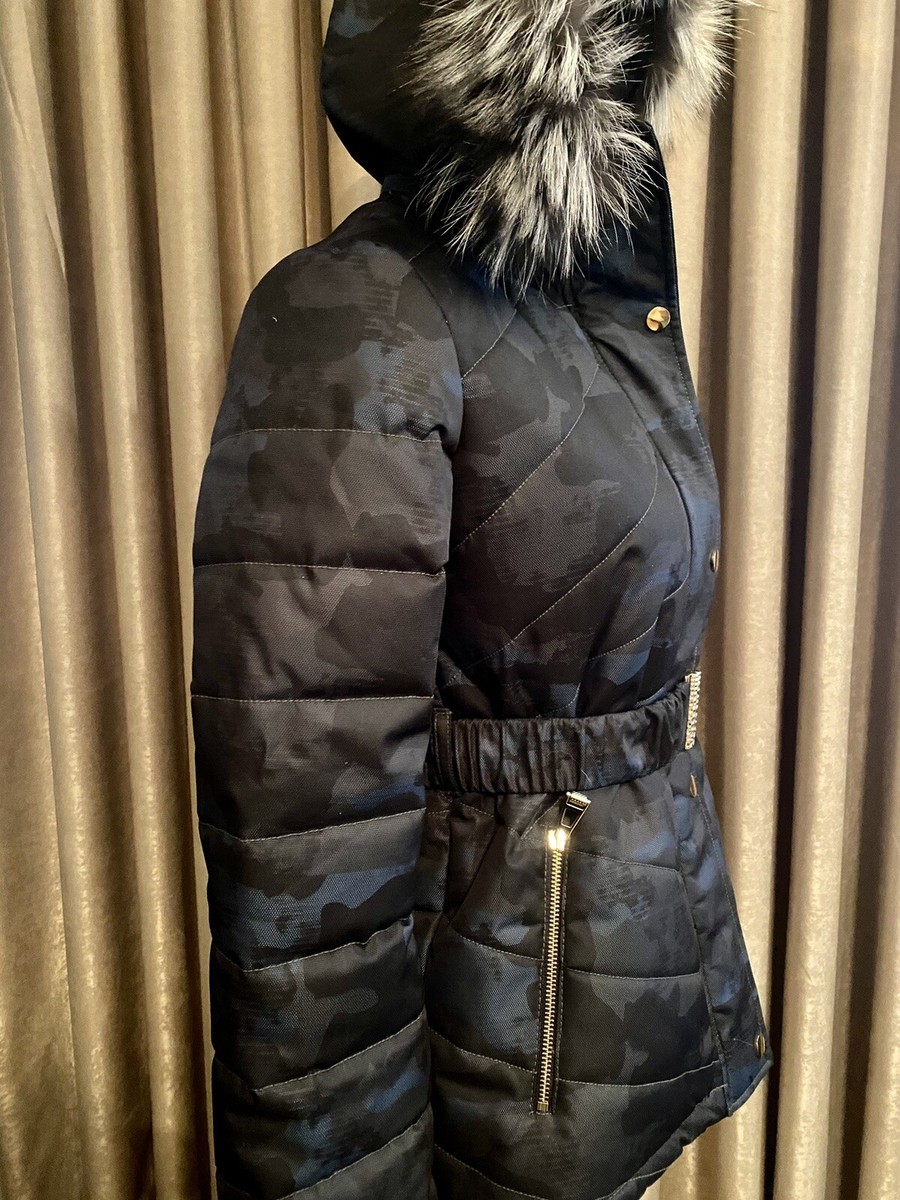 NEW Puffer Jacket Camouflage Fox Fur Hood S Faux Down Blue Gray