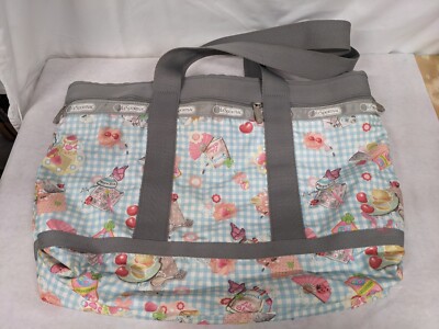 LeSportSac Blue Gingham Picnic Print Zip Top Large Tote Bag GUC
