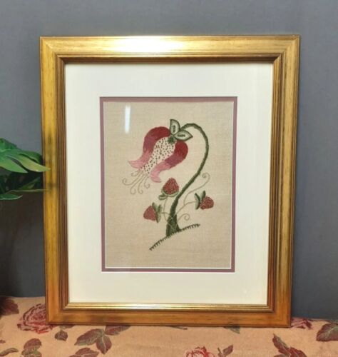 Framed Vintage Strawberry Floral Crewel Tapestry Botanical Embroidery Completed - Picture 1 of 11