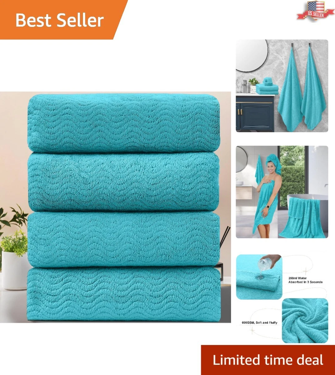 Extra Large Oversized Vibrant Sea Blue Towel Set - Highly