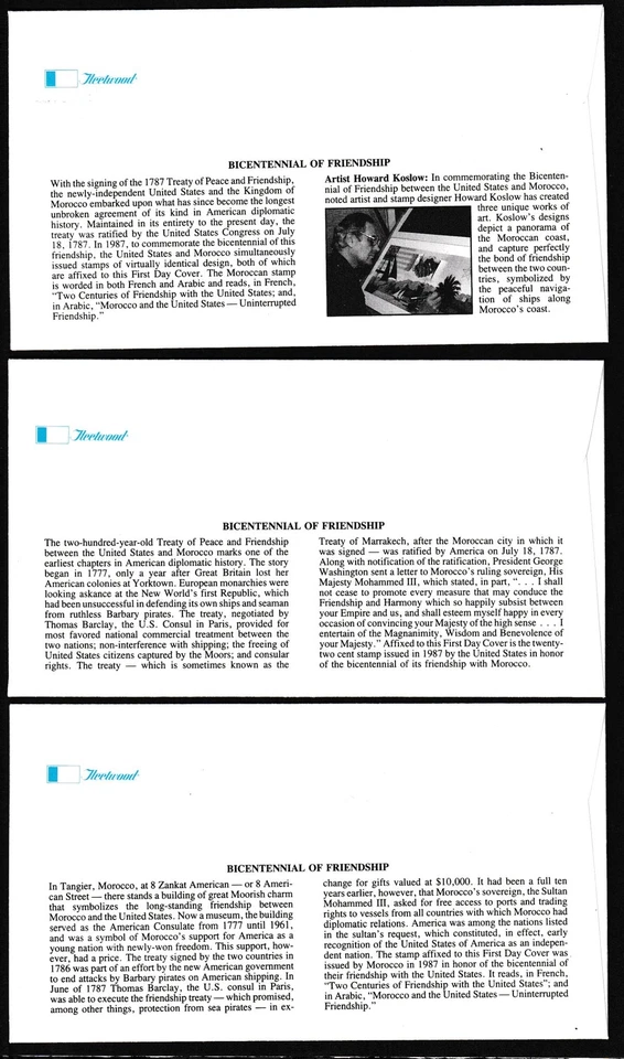 1987 Morocco 100 yrs Sc 2349 & Sc 642 US joint issue Fleetwood cachets set of 3 - Image 2 of 2