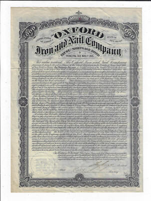 NEW JERSEY 1885 Oxford Iron & Nail Company Bond Stock Certificate