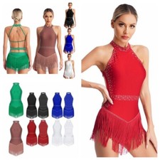 US Womens Tassel Leotard Halter Neck Sleeveless Fringe Bodysuit Rhinestone Dress