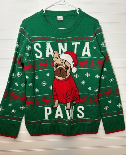Holiday Time XL Christmas Sweater Green French Bulldog Santa Paws Dog - Picture 2 of 6