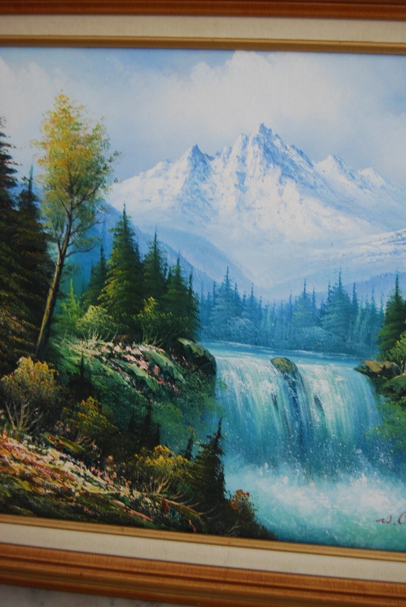 VINTAGE FRAMED ORIGINAL OIL MOUNTAIN FOREST & WATERFALL