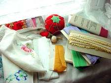 Vintage Sewing Crafting Scrapbooking Mixed Lot Trims Hankies Pincusion JL255