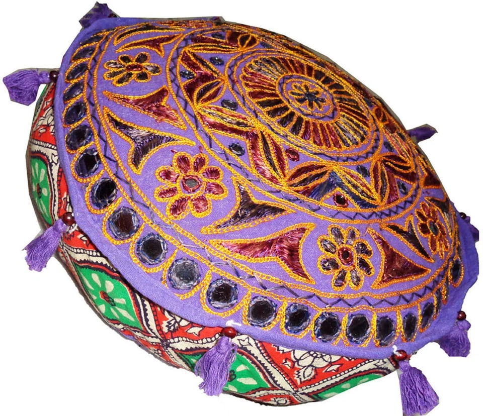 Bohemian Floor Round ottoman pillow seat cover mirror embroider multicolored 18" - Image 4 of 4