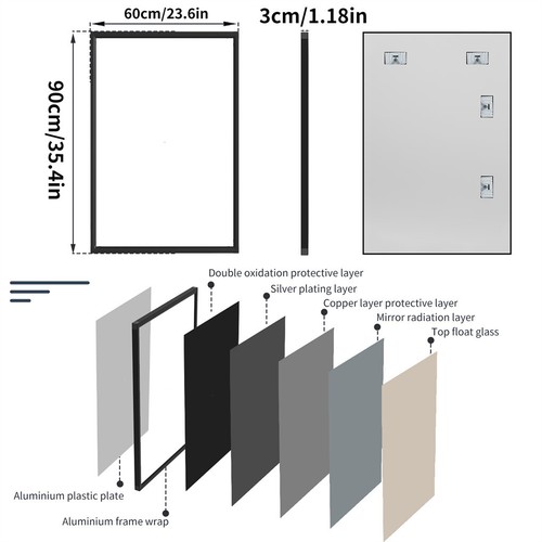 90*60cm Bathroom Mirror Black Frame Rectangle Wall Mounted Vanity Mirror Hallway - Picture 13 of 13