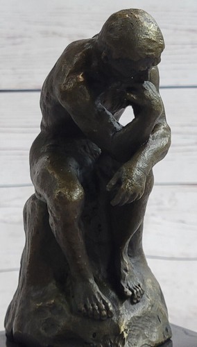 SIGNED BRONZE SCULPTURE NUDE MALE FRENCH RODIN THE THINKER ON MARBLE BASE FIGURE - 第 8/10 張圖片