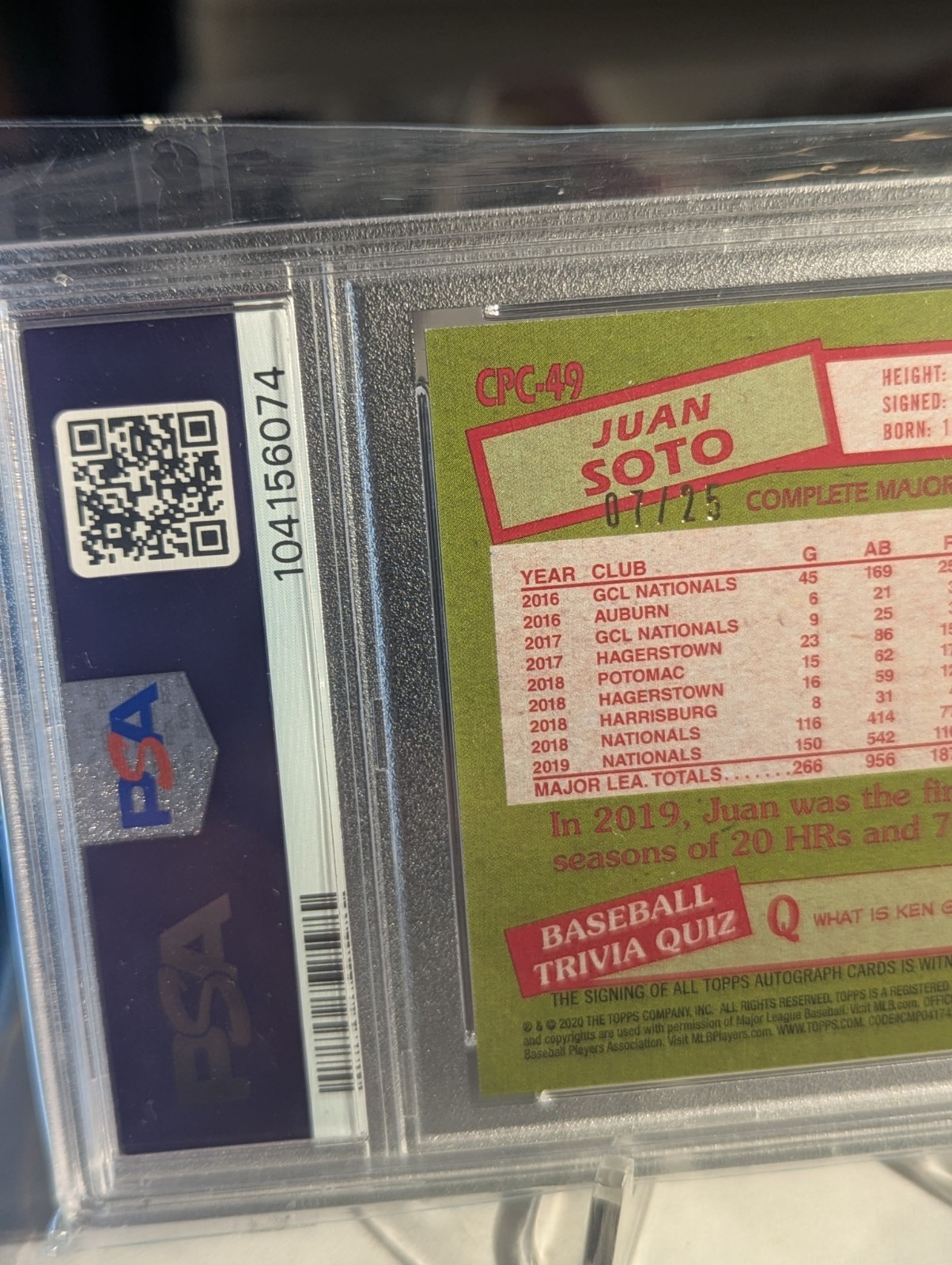 2020 Juan Soto /25 Auto Orange Refractor PSA 8 Silver Pack 1985 Throwback CPC49 view 7