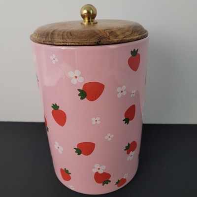 Strawberries Pink Cookie Jar Wooden Lid NEW