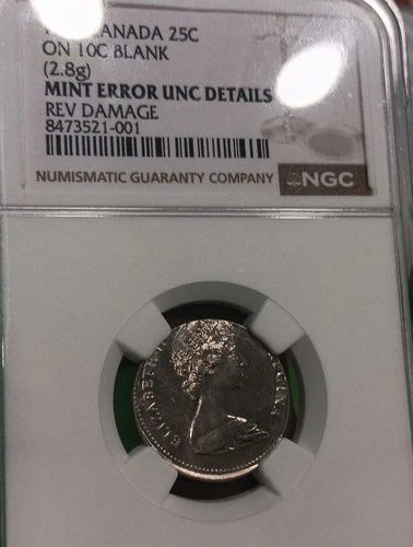 Canada Mint Error 1981 Quarter Struck On Dime Blank Graded NGC Unc Details