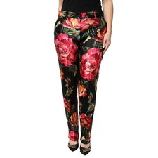 DOLCE & GABBANA Pants Black Floral Silk Mid Waist Tailored Trousers IT46/US12/XL