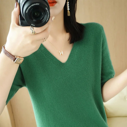Mujeres Suéteres Mangas Cortas Cuello en V Camisa Camel Pullovers Jerséis - Imagen 6 de 35