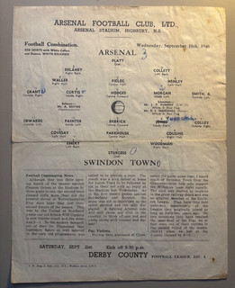 1946/47 Arsenal Reserves v Swindon Town Football Combination single sheet