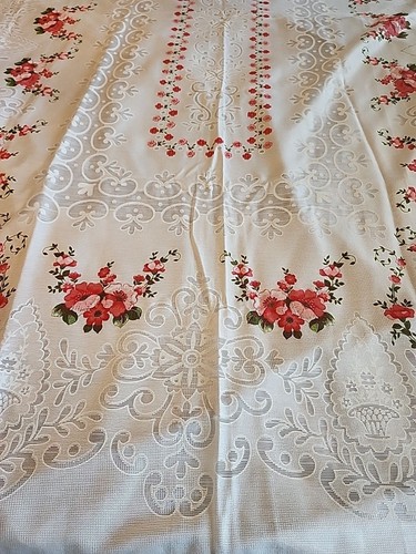 Vintage Pink Floral With scrolls White Lace Tablecloth, 63x96 - Picture 2 of 8