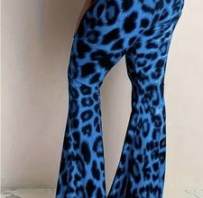 Women s Blue Black Leopard Animal Print Stretch Pull-On Flare Pants S