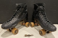 VINTAGE BLACK ROLLER SKATES BY SEARS ROEBUCK WOOD WHEELS SIZE 8