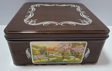Vintage Tin Container & Lid Brown Faux Wood Grain White Scroll Four Seasons