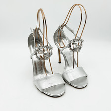 Gucci GG Crystal Metallic Silver Leather Sandals Heels EU 37 US 7