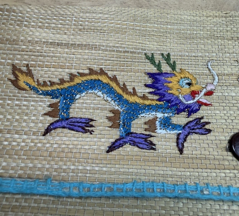Embroidered Chinese Dragons Motif Straw Shoulder / Clutch Bag Floral Lined 26 cm - Image 4 of 4