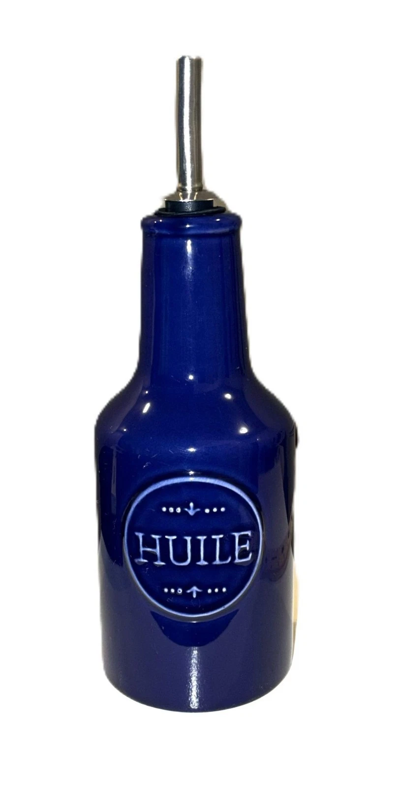 Sur La Table Everyday Blue Earthenware Oil Dispenser With Stainless Steel Spout