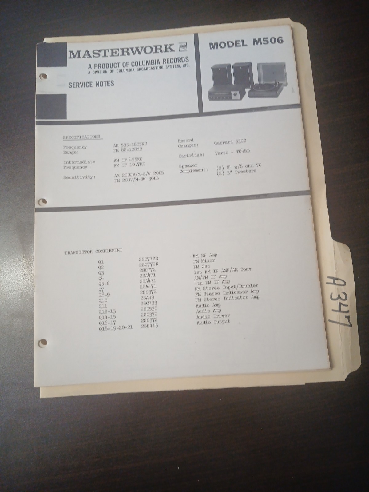 Masterwork  M506 Garrard 5300 Service Manual Original Repair Book Record Player
