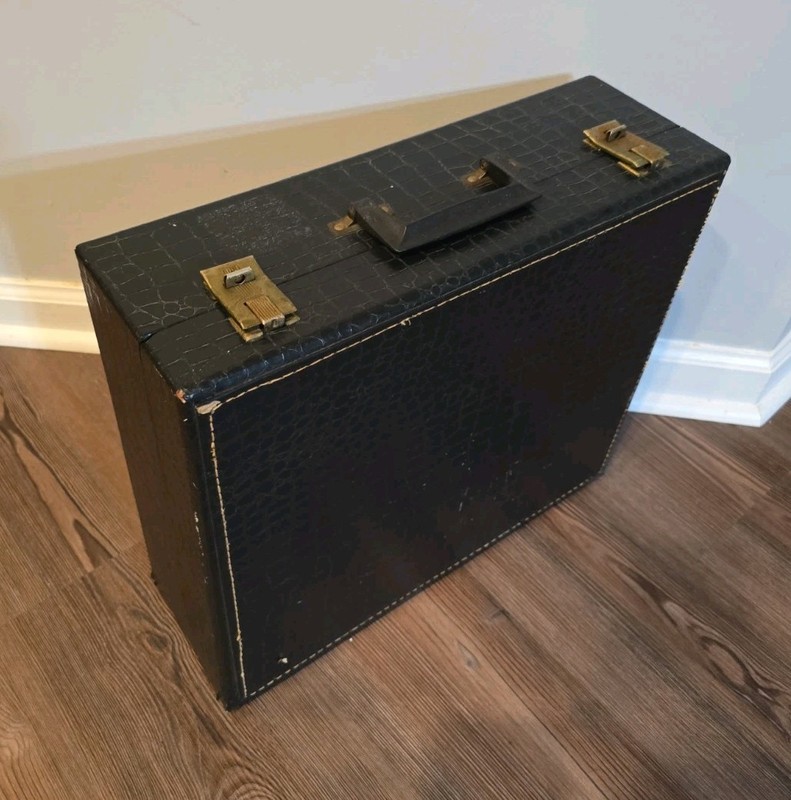 Vintage 1950s Black Hard Leather Suitcase with Locking Clasps.