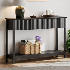 47" Black Fluted Console Table with 3 Drawers 2-Tier Storage Shelf