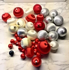 Vintage Satin Thread Christmas Ornaments Lot 50 Red Silver Balls multi sized