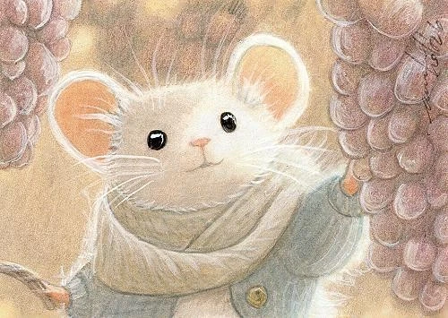 ACEO orig. pastel drawing white mouse with grapes by Anna Hoff Germany
