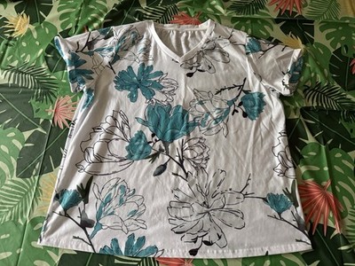 Pixie Lady Teal Sage Black Floral V-neck White Top XL