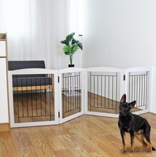 Freestanding Foldable Dog Gate for House Extra Wide Wooden White Indoor Puppy...