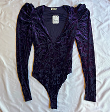 Free People Women  s XS Purple/Black Magic Hour Floral Long Sleeve Bodysuit