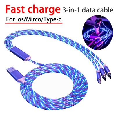 For iPhone Type C Micro USB 3 in 1 LED Glowing Flowing Phone Charger Cable Cord