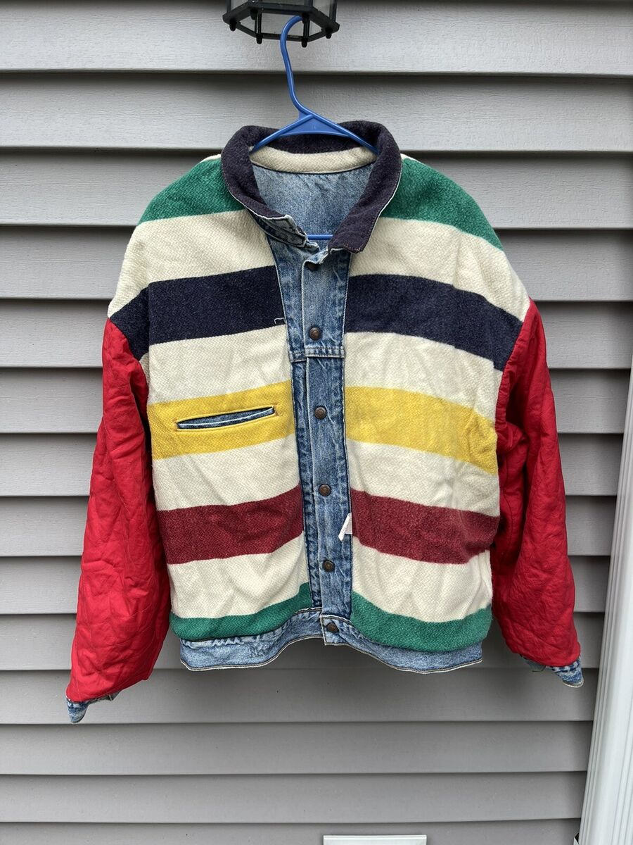 VTG 80 s Levi s Hudson Bay Stripe Lined Reversible Denim Trucker Jean Jacket L
